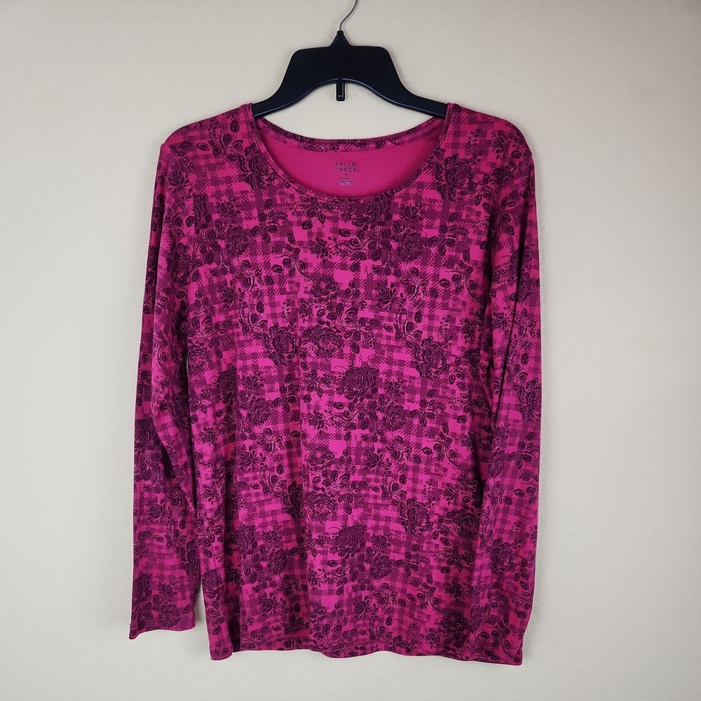 Falls Creek Womens XL Pink Floral Plaid Glitter Scoop Neck Long Sleeve Top